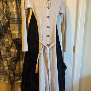 Grey Ribbed Button-Up Midi Dress with Tie Waist